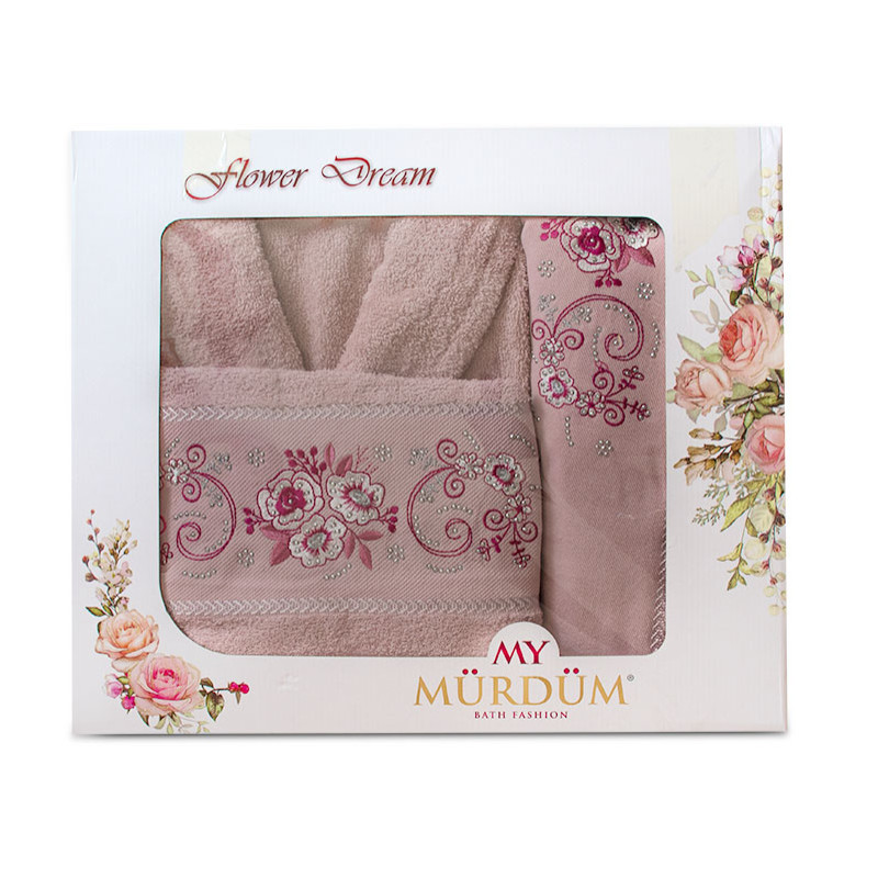 Луксозен халат Flower Dream с два броя кърпи в цвят пепел