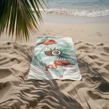 Памучна плажна кърпа Flamingo With Coconut – тропическо настроение с фламинго и кокос
